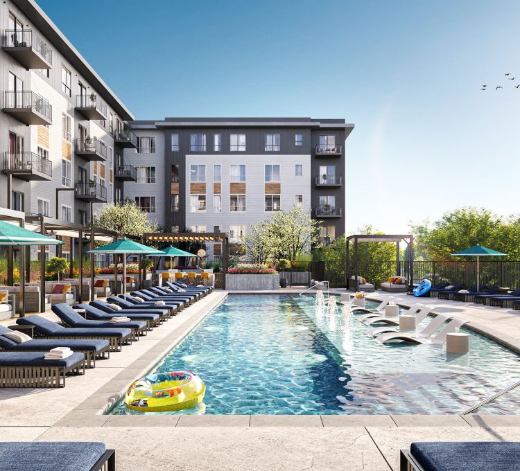 Rendering of pool and outdoor lounge at Revelry apartments on sunny day