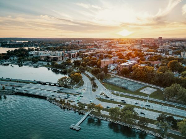 Overhead view of Madison, WI at sunset